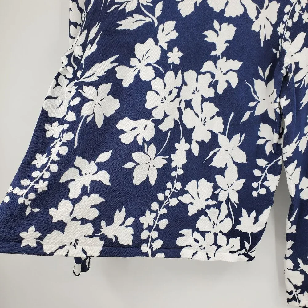 Michael Kors Navy‎ Blue and White Floral Print Crewneck Sweater Top Shirt Large